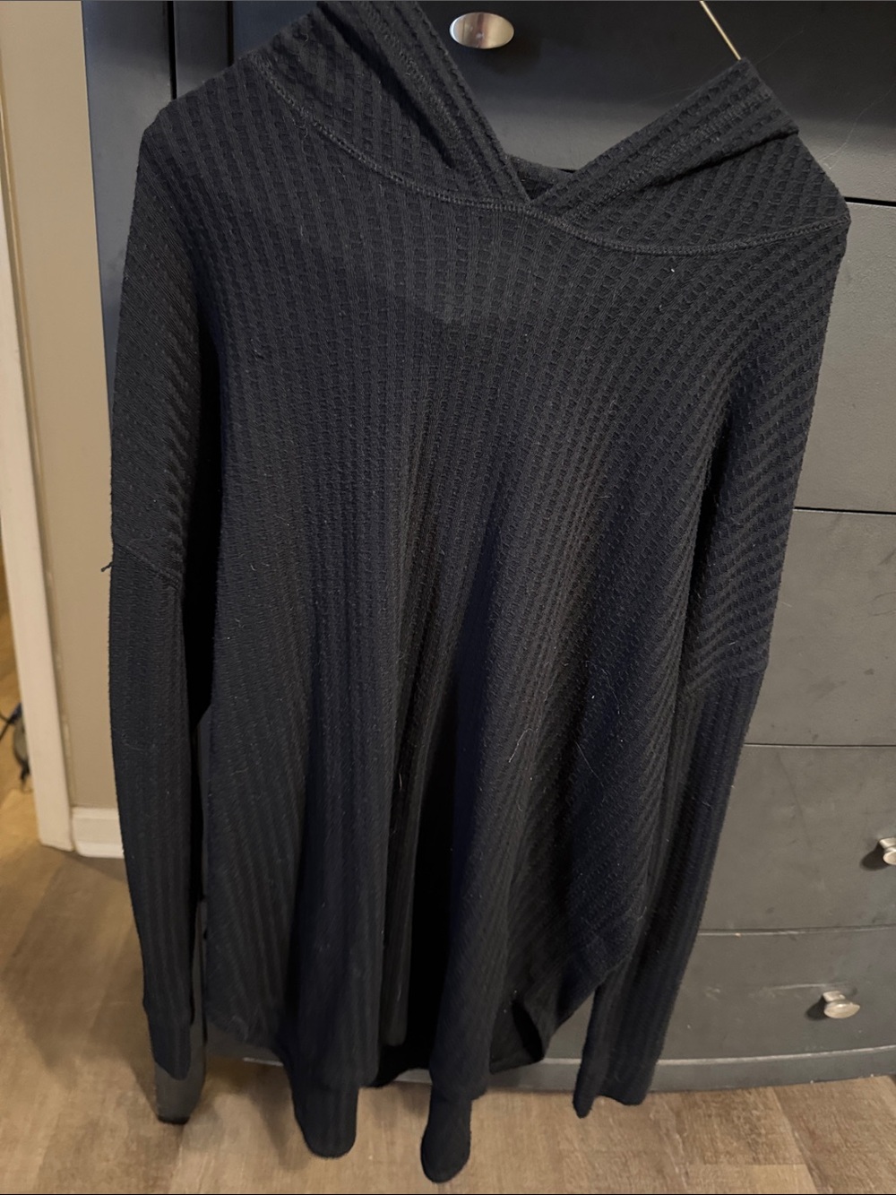 Black Waffle-Knit Hooded Women's Top